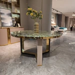 Green Landscape Marble Round Dining Table with Natural Wood Veneer & Gold Stainless Steel Base